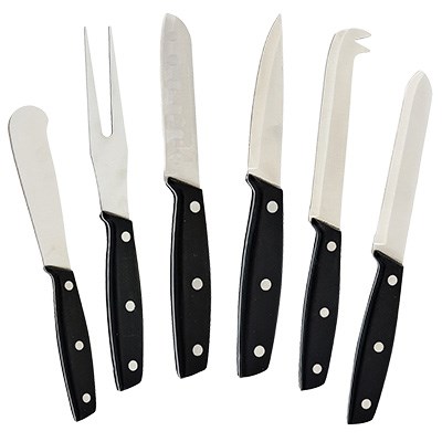 WINCO 6 PC CHEESE KNIFE SET,
BLACK HANDLES